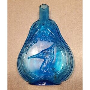 Vtg CLEVENGER BROTHERS blue Glass SCROLL FLASK Arthur Singer pileated woodpecker